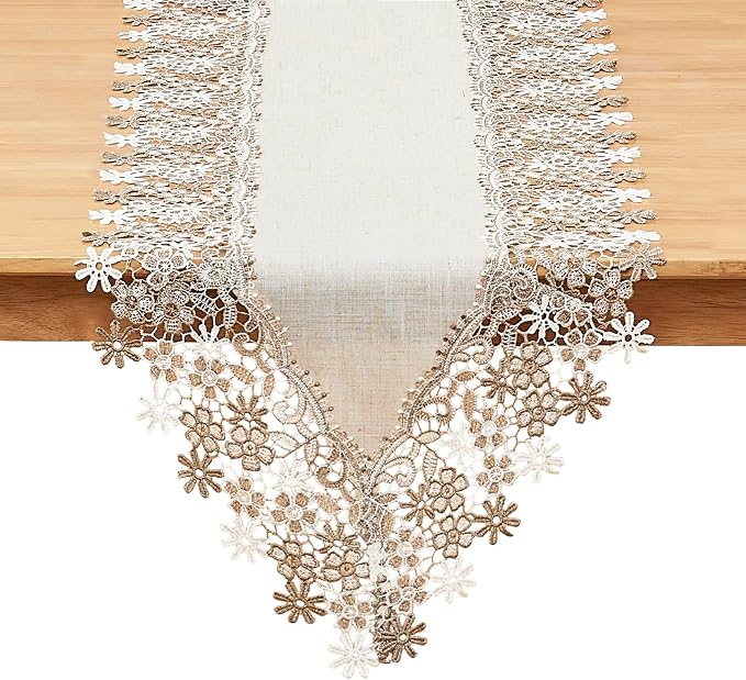 Natural Neutral Earth Tones Beige Floral Lace Table Runner Dresser Scarf 36 by Winotic