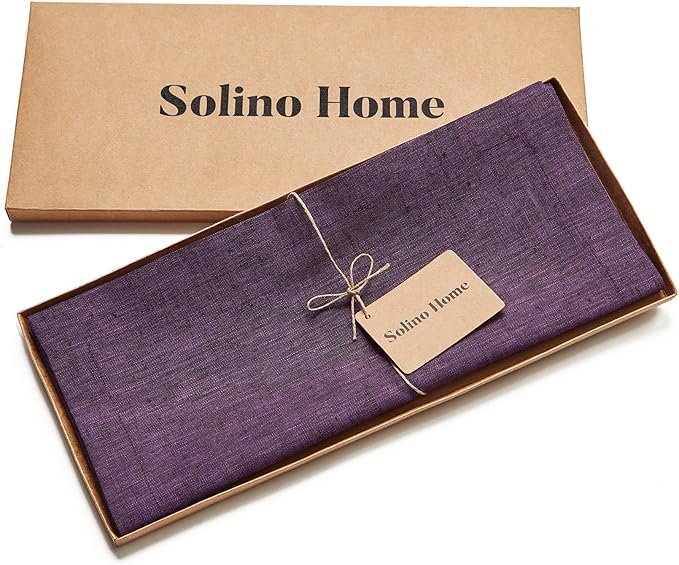 Solino Home Linen Small Table Runner 60 Inches - Athena, 100% Pure Linen Grape Table Runner 14 x 60 Inch Ideal for Dresser and Coffee Tables - Winter, Spring, Easter, Valentines