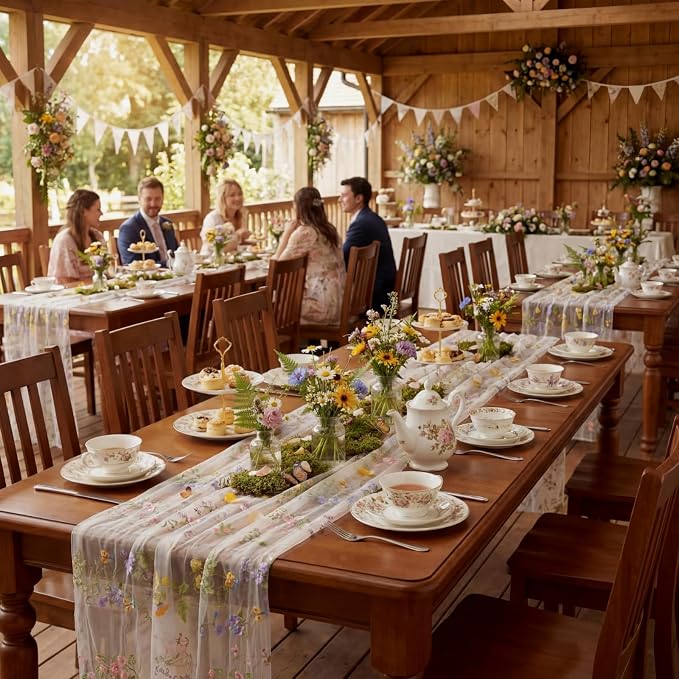 Ivory White Floral Table Runner 10ft Embroidery Tulle Spring Wildflower Gauze - Image 5