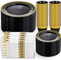 WELLIFE 350PCS Black and Gold Plastic Plates - Plastic Dinnerware Set for 50 Guests,Include 50 Dinner Plates, 50 Dessert Plates, 50 Black Cups 9 OZ, 50 Pre Rolled Napkins with Gold Silverware