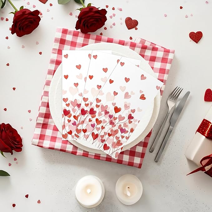 Valentines Day Paper Napkins - 100 Pcs 7.9 x 4.3 In Pink Red Heart Decorative Napkin Sets Disposable, Dinner Guest Party Decorations Supplies Decor for Couples Anniversary Wedding Engagement