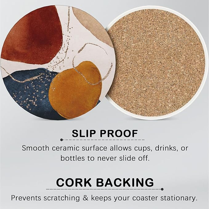 Drink Coasters for Drinks Set of 6,Orange and Gold Abstract Modern Art Absorbent Round Ceramic Stone Mat Coaster, with Cork Base and Metal Holder, Home Bar Decor House Warming Gift