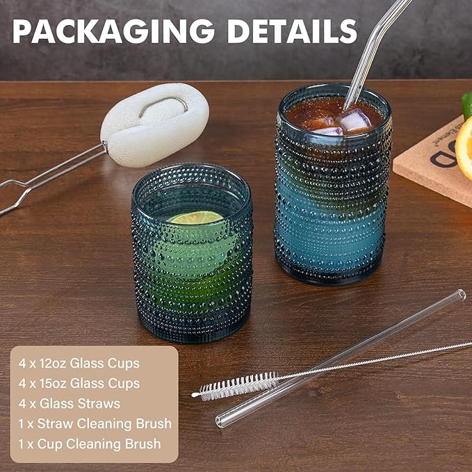 Vintage Hobnail Drinking Glasses Set of 8,Blue 12 oz & 15oz Highball Glass Cups,Kitchen Drinkware Glassware,Embossed Water Tumbler,for Beer,Cocktail,Whiskey,Juice and Various Mixed Drinks