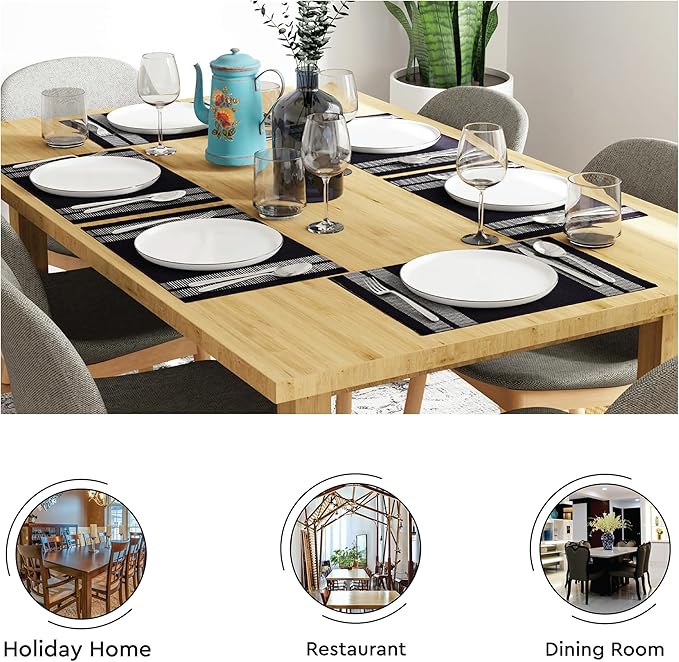 Encasa XO Dining Placemat Set of 6 | Ladder Black Color | Fine Ribbed Cotton Table mat | Size 18x13 in | Machine Washable