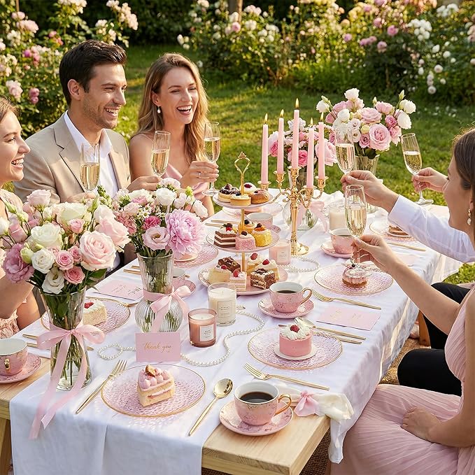 Rubtlamp 200Pcs Plastic Pink Dessert Plates with Disposable Gold Forks,Heavy Duty Pink Hammered Salad Platos, Gold Small Platos,Fancy Appetizer Plates for Mother's Day