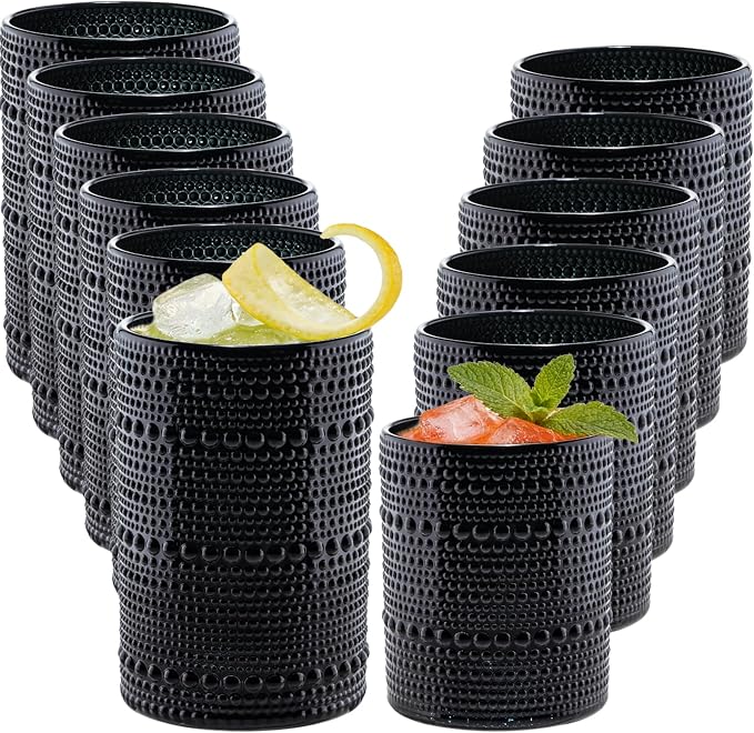 Black Hobnail Beaded Drinking Glasses Set of 12, 12 oz & 15oz Vintage Glassware by XKXKKE