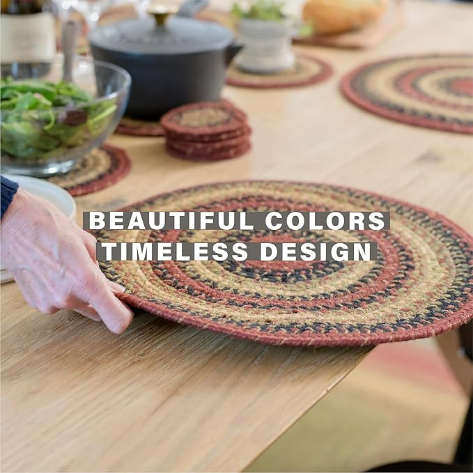 Homespice Highland Round Braided Placemats, Warm Lodge and Cabin Decor, Set of 2, 15" Multicolor Jute Table Mats - Vibrant Colors, Durable, Easy to Clean and Protects Furniture