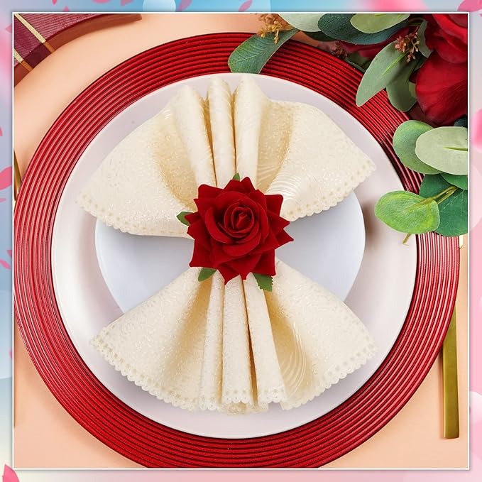 Set of 8 Valentine's Day Napkin Ring Rose Flower Metal Napkin Ring Designed with Rose Serviette Buckle for Valentine's Day Wedding Anniversary Party Dinner Table Decor