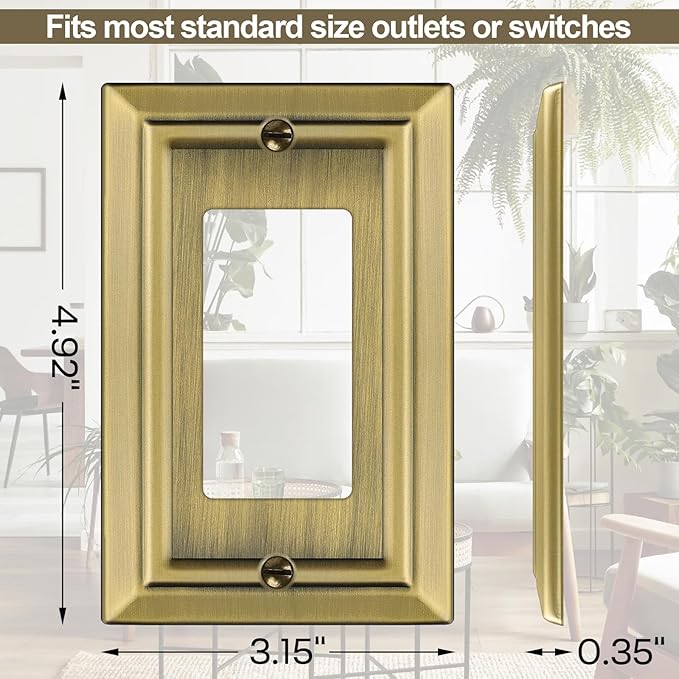 Metal Wall Plate for Electrical Outlets, Decorative Antique Brass Switch Plates Outlet Cover, Light Switch Cover Plate, 1-Gang Wall Plates (Single Decoretor, 6 Pack)