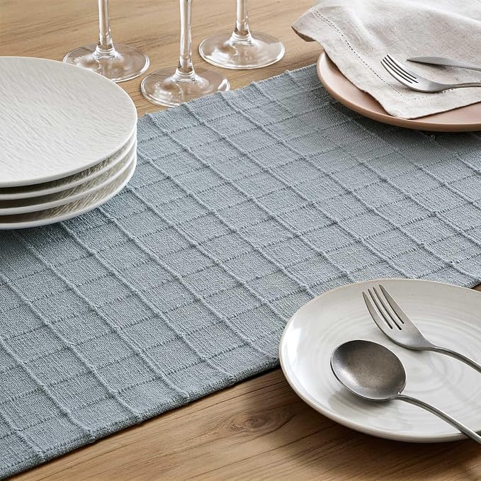 Artisanal Grid Linen Table Runner, 13x48 Inches Chambray | Heavy Textured - Image 6