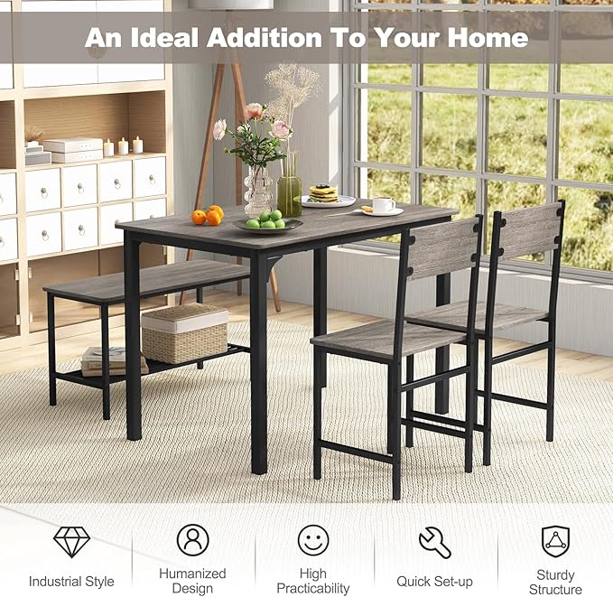Giantex Dining Table Set for 4, Kitchen Table with Bench and Chairs, Industrial Gathering Bench Dining Set W/Metal Frame & Storage Rack, Dinette Set, Modern Functional Desk Set (Black Oak)