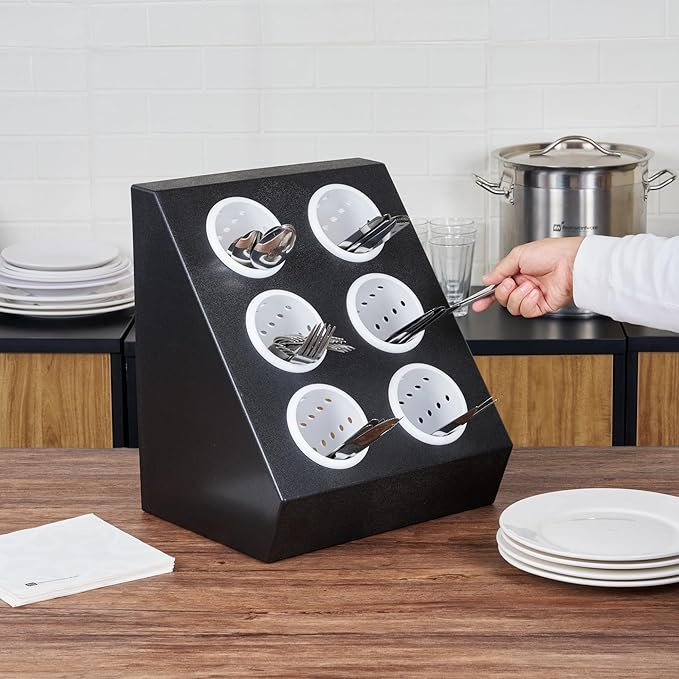 Restaurantware-Met Lux 13.78 x 11.42 x 15.94 Inch Flatware Organizer, 1 Standing Cutlery Holder - Includes 6 Plastic Cylinders, Perforated Design, Black Plastic Utensil Holder, For Breakroom