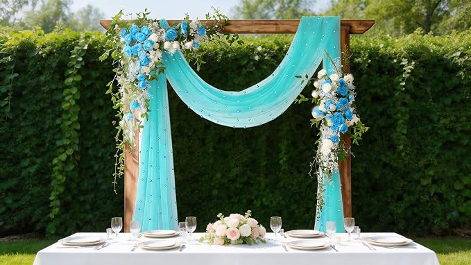 Pearl Table Runner Gauze Sheer 19FT Wedding Draping Fabric Decor | Teal Summer - Image 3