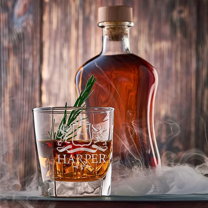 Customization Mill Set of 4, Monogrammed Whiskey Rocks Glasses w/Name & Initial - Whiskey Gifts for Men - 9 Designs - Personalized Bourbon Whiskey Glasses