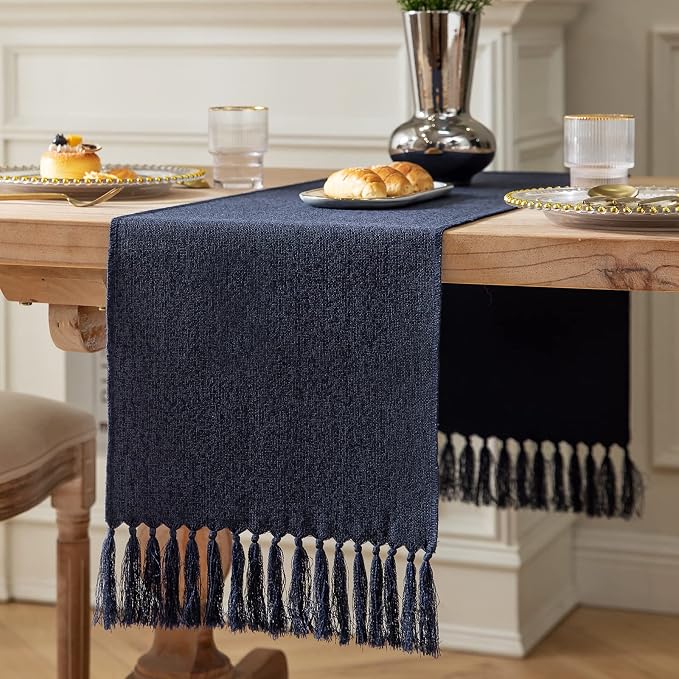 Navy Table Runners 36 Inches Long, Burlap Linen Style Rustic Farmhouse Table by ZEEMARTONLINE