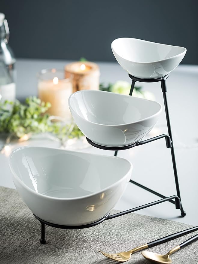 3 Tier Serving Bowls with Stand, Serving Dishes Chips and Dip Serving Set for Entertaining Party, Ceramic Serving Bowl Food Display for Fruit Salad Soup Snacks, Microwave & Dishwasher Safe
