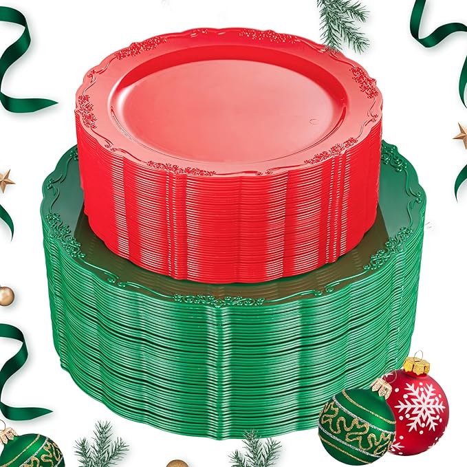 U-QE 100Pcs Christmas Plastic Plates - Green and Red Plate Disposable for Party, Plastic Christmas Plates Disposable Include 50 Red Dessert Plate, 50 Green Dinner Plate Suite for Party