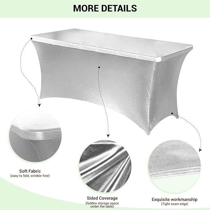 Obstal 6 Pack Stretch Spandex Table Covers for 6 Foot Tables - 6 FT Rectangular Fitted Tablecloth Protector for Wedding, Banquet, Party (Stamping Silver, 72'' Length x 30'' Width x 30'' Height)