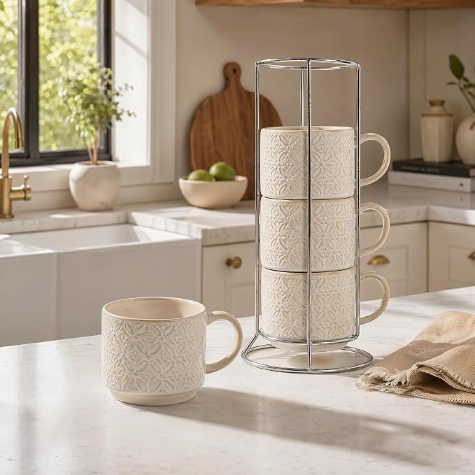 6 Oz Coffee Mugs with Stand, Stackable Ceramic Espresso Cups Set of 4, Embossed - Image 6