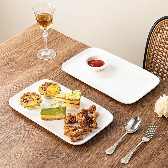 White Serving Platters Set of 2 – 14 Inch Rectangular Serving Platters, Large Porcelain Serving Platters for Party, Appetizers, Sushi, Steak & Dessert