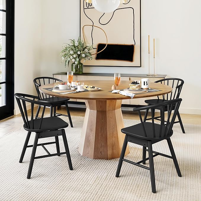LUE BONA Black Dining Chairs Set of 4, Swivel Windsor Wood Dining Chairs with Semicircular Backrest, Spindle Dining Chair for Kitchen and Dining Room, 18 Inch