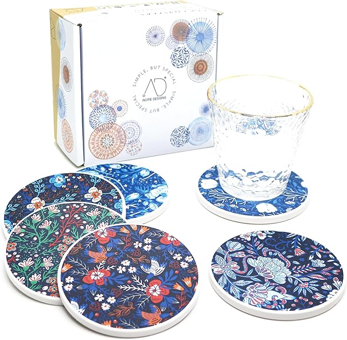 AD Set of 6 Coasters for Drinks Absorbing Round Ceramic Stone Coaster with Cork Base,Tabletop Protection Mat for Mugs and Cups,Office,Kitchen (Dark Garden with Holder)