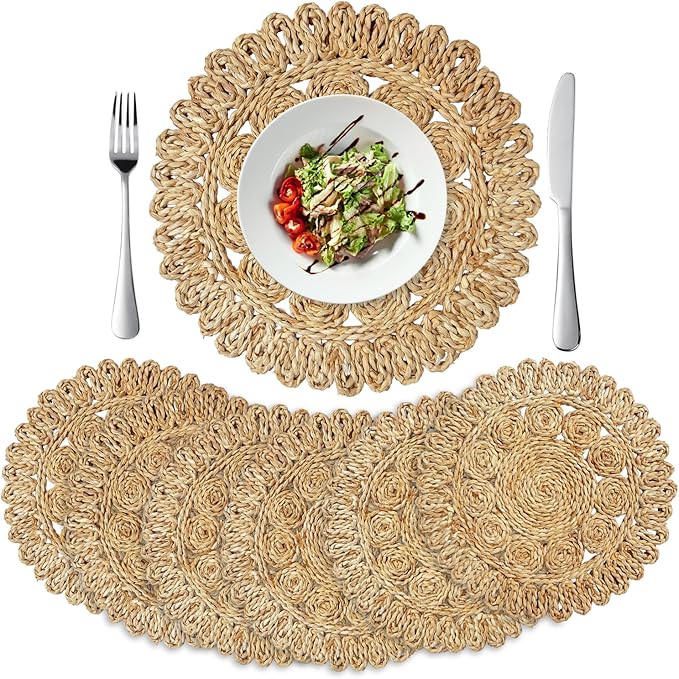 Set of 6 Handwoven Corn Husk Placemats, 13.8" Round – Eco-Friendly Boho Rustic Table Mats, Farmhouse Chargers for Dining & Festive Occasions