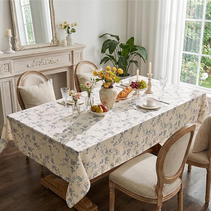 jinchan Blue Farmhouse Floral Linen Rectangle Table Cloth 52 x 70 Inch | - Image 3
