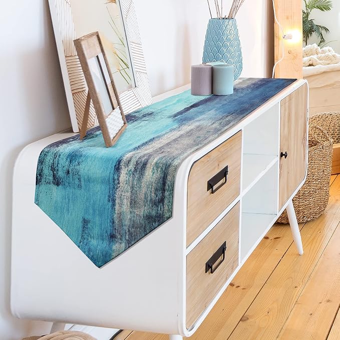 Turquoise and Grey Table Runner, Teal Abstract Modern Art Burlap Table Runners - Image 7