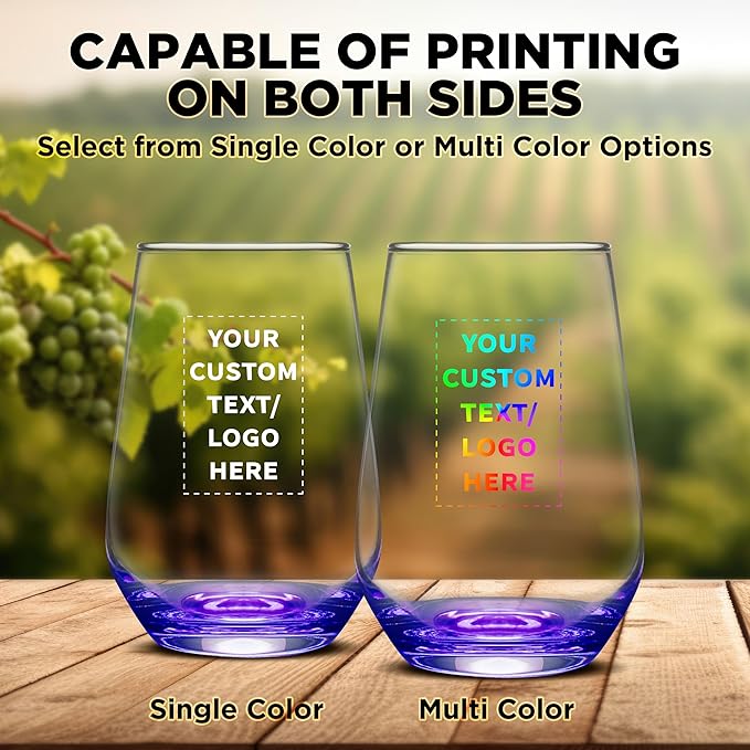 DISCOUNT PROMOS 10 Vaso Silicia Stemless Wine Glasses Set, 16 oz. - Personalized Text, Logo - Clear, Orb-Like, Thick base - Purple