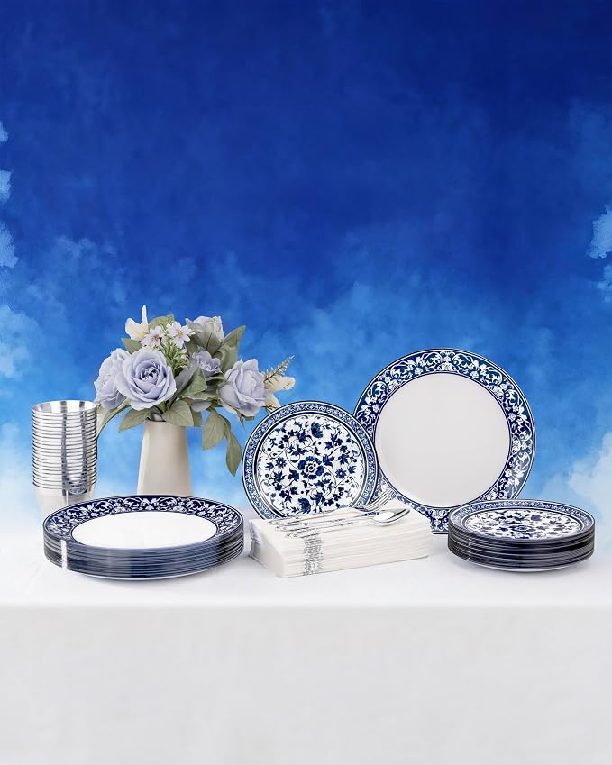 175 Pcs Blue Plates for Party & Wedding | Floral Disposable Dinnerware Set. - Image 8