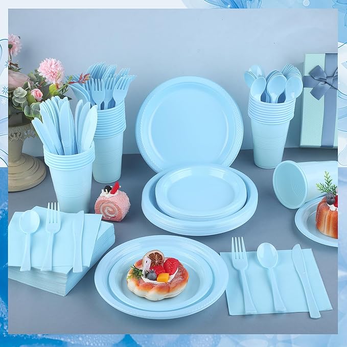 Kochorie 240 Pieces Light Blue Plastic Dinnerware Set Disposable Heavy Duty Plates Napkins Cups Silverware Dessert Dinner Plates for Birthday Wedding Baby Shower Party Supplies, Serves 30 Guests