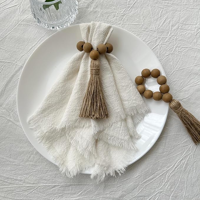 Napkin Rings Set of 12, Wooden Napkin Rings,Wood Bead Elastic Farmhouse Napkin Ring with Tassel,Boho Napkin Holder for Table Decor,Weeding,Dinner,Party(Light Brown)
