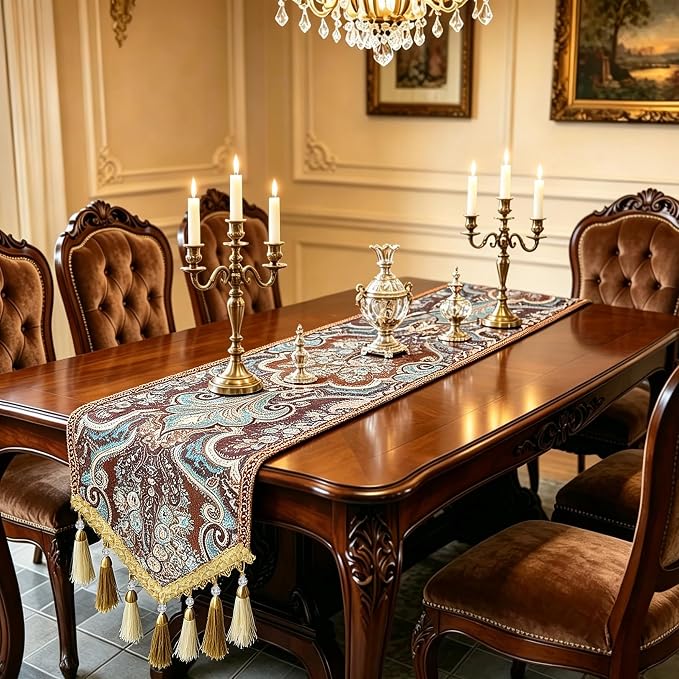 European Luxury Table Runner 87” Teal Brown - Image 2