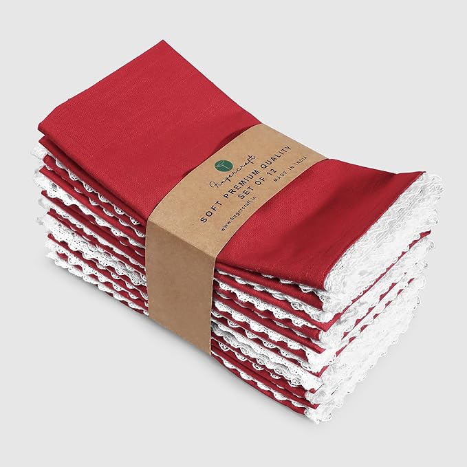 FINGERCRAFT Dinner Cloth Napkin Cotton Blend 12 Pack Vintage Rustic Premium Quality Mitered Corners Napkin Cloth with Elegant Lace for Everyday Use, Pre Shrunk and Good Absorbency 20x20 in Tango Red