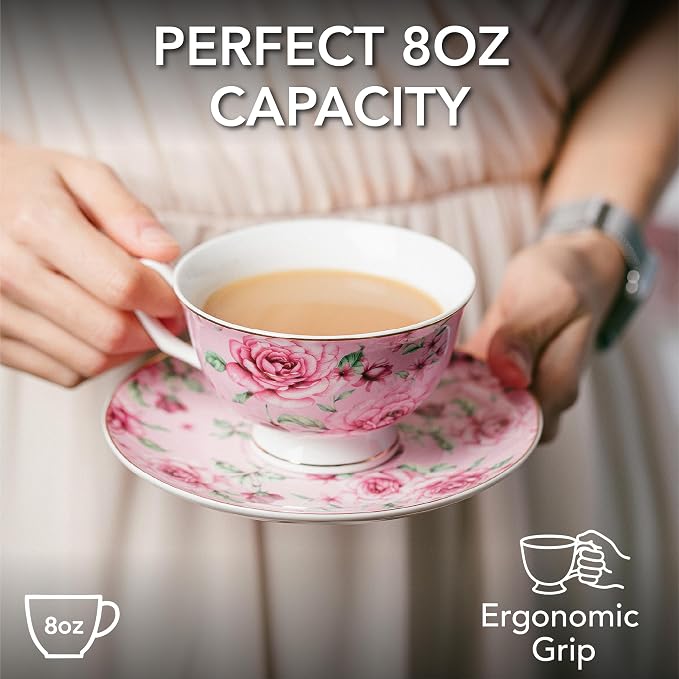 BTaT- Floral Tea Cups and Saucers, 8 oz, Fine Porcelain Teacup Set - Image 3
