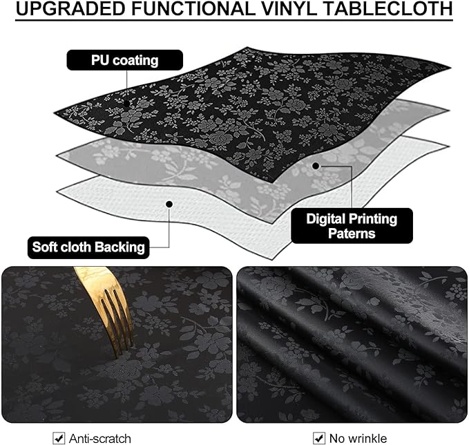 Smiry Rectangle Table Cloth, Waterproof Heavy Duty Vinyl Tablecloths, Wipeable Washable Table Cover for Kitchen and Dining Room (Black, 54" X 120")