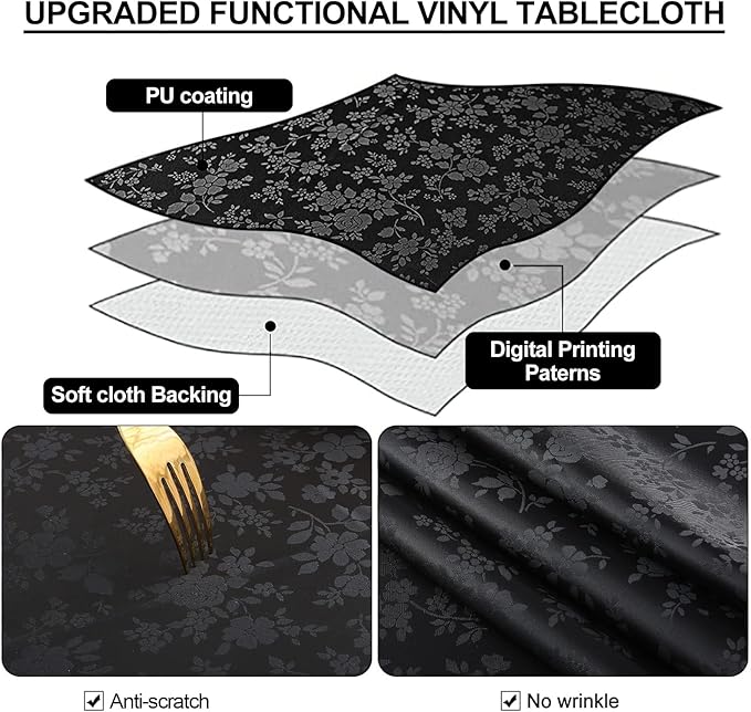 Smiry Rectangle Table Cloth, Waterproof Heavy Duty Vinyl Tablecloths, Wipeable Washable Table Cover for Kitchen and Dining Room (Black, 54" X 108")