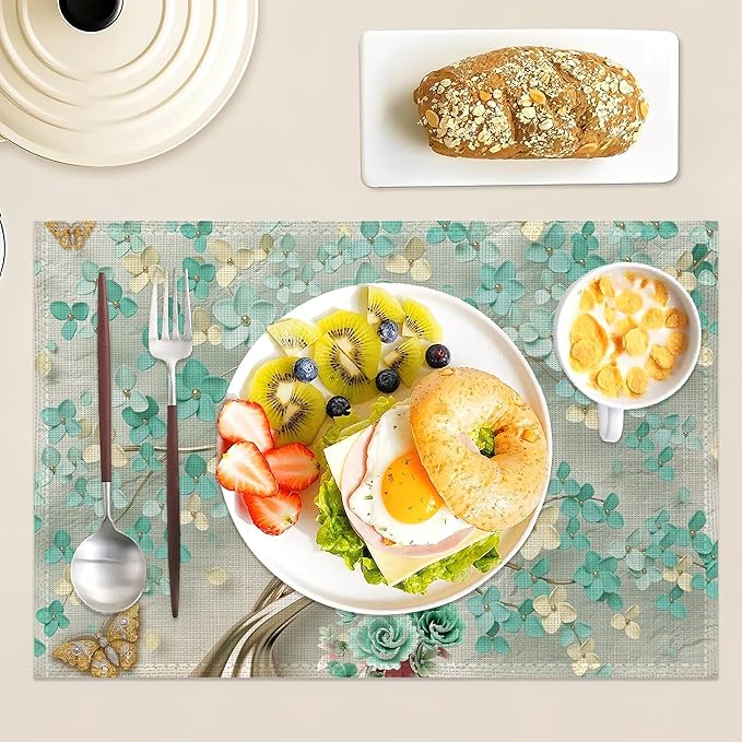 Golden Butterfly and Green Flowers Place Mats Set of 6, Table Mats,Heat Insulation Non Slip Washable Dining Placemats for Wedding Holiday Party Kitchen Decor 12X18 in