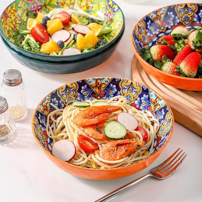 Bohemian Decorative Bowls for Salad, Fruit, 25 oz Pasta and Dinner, Serving Bowls Set for Party, Dishwasher & Microwave Safe (Orange+Red+Blue+Green, 8 Inch)