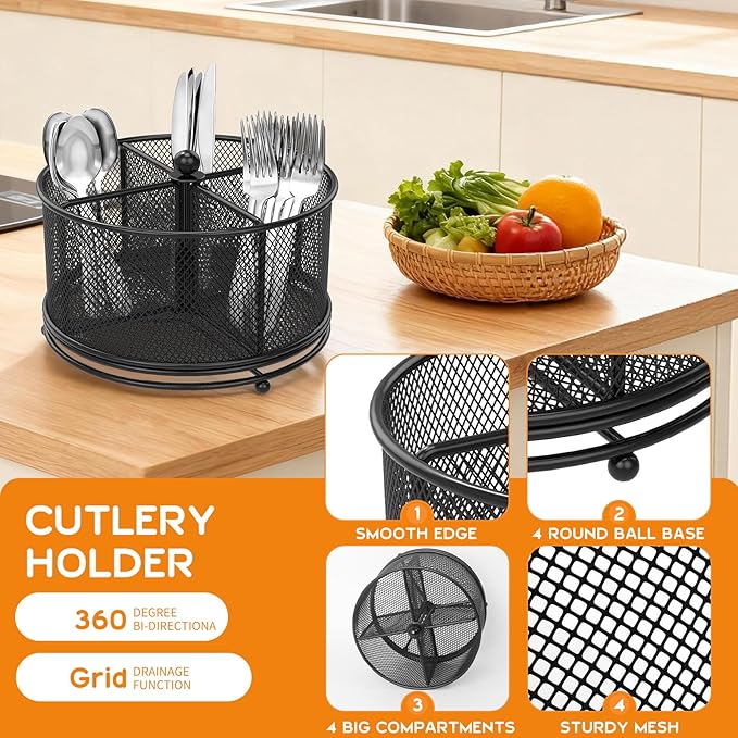 360° Rotating Metal Utensil Caddy, 4 Compartment Silverware Cutlery Holder, Effortless Access Fork Spoon, Silverware Holder for Party Countertop Buffet Picnic Camping Outdoor (Black)