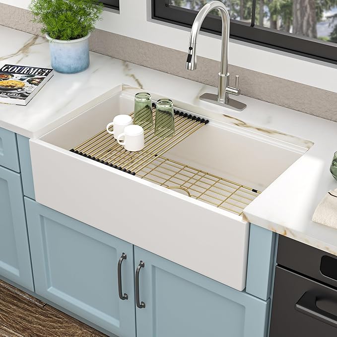 33"x20" White Farmhouse Sink Workstation – Reversible Flat Apron Front with Ledge, White Porcelain Ceramic Fireclay Single Bowl Luxury Farm Kitchen Sink Basin