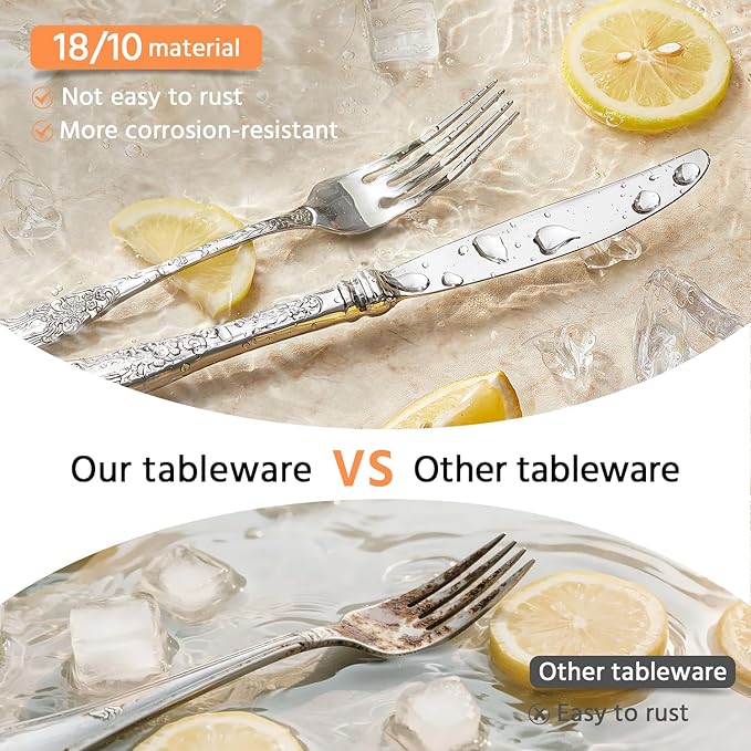 KINGSTONE Vintage Carved Silverware Set, 40-Piece 18/10 Stainless Steel Flatware Cutlery Set with Retro Royal Thick Handle, Tableware Utensils for Home, Restaurant, party, Wedding, Dishwasher Safe
