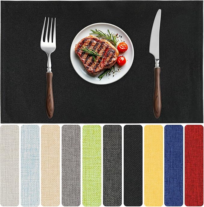 Blue Forest Placemats Set of 6, Dual-Layered Thickened Faux Linen Table Mats Heat Resistant Machine Washable Wrinkle Free Place Mats for Kitchen Dining Outdoor/Indoor (Black)