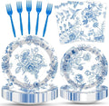 100 Pcs Blue and White Floral Tableware Party Supplies Set, Serves 25 – by Merriva