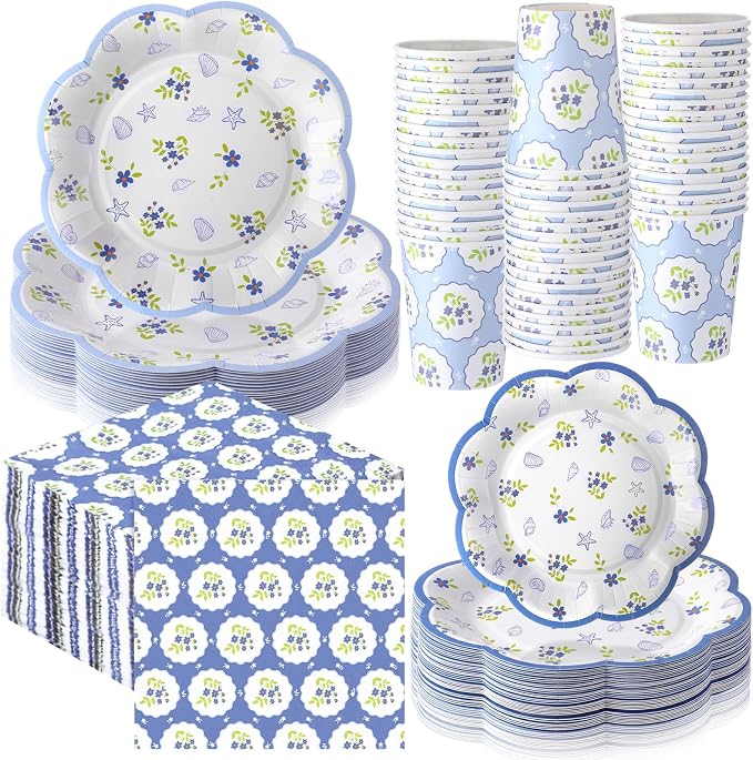 250 Pcs Blue Seashell Disposable Paper Plates and Napkins | Scalloped Design by Newtay