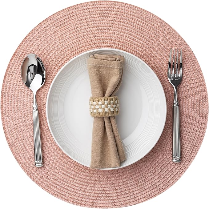 Round Placemats Set of 4 Plastic Woven Placemats Washable Wipeable Table Mats for Dining Table Heat Resistant Non-Slip Circle Place Mats (Sandstone Pink)