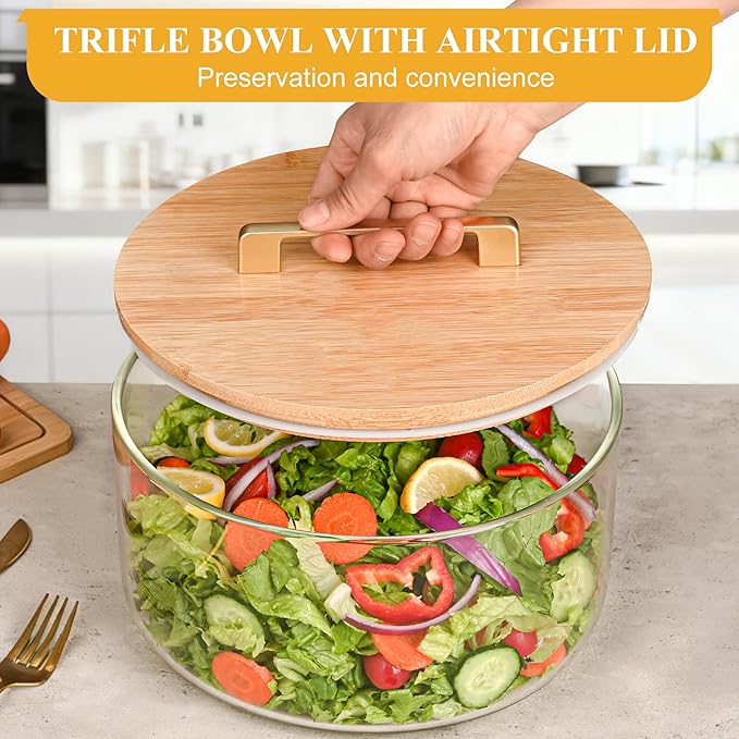 Glass Trifle Bowl with Airtight Lid, 155oz Large Salad Bowl, Glass Serving Bowl for Popcorn, Cake, Salad, Fruit, Baking, Dessert and Party Diy, BPA Free, Oven, Dishwasher Safe