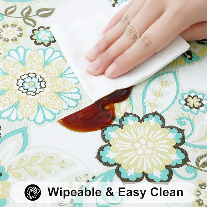 Smiry Rectangle Table Cloth Cover, Waterproof Elastic Fitted Picnic Tablecloth for 8 Foot Tables, Wipeable Flannel Backed Vinyl Tablecloths for Camping, Dining, Outdoor (Teal & White, 30" x 96")