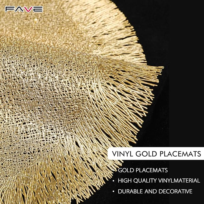 FAVE Set of 8 Gold Vinyl Round Placemats, Decorative Tassel Washable for Table Setting, Home Dining, Party, Restaurant (15 Inch,8PCS)